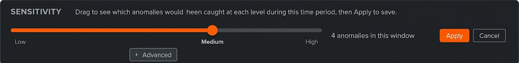 Sensitivity slider showing anomalies caught in the selected time window, with Apply and Cancel options