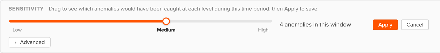 Sensitivity slider showing anomalies caught in the selected time window, with Apply and Cancel options