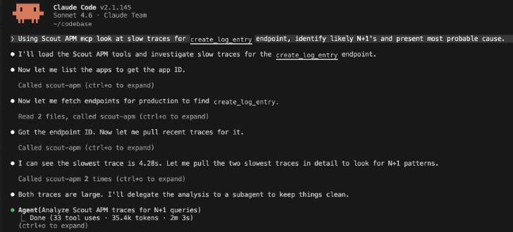Claude Code calling the Scout MCP to pull slow traces for the create_log_entry endpoint