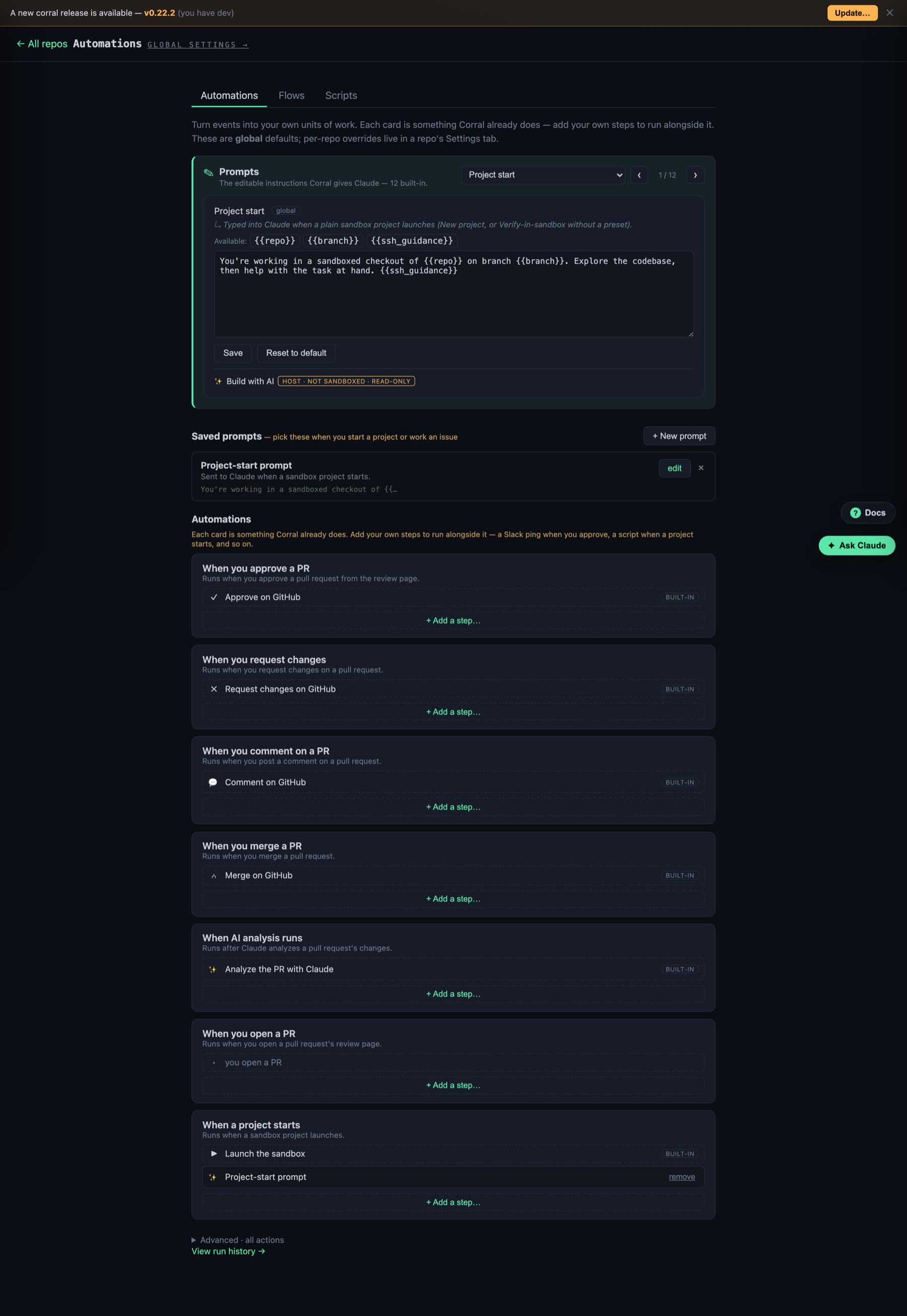 The Automations tab: an editable project-start prompt at the top, and a list of triggers (approve a PR, request changes, comment, merge, AI analysis runs, open a PR, project starts), each with an "add a step" button.