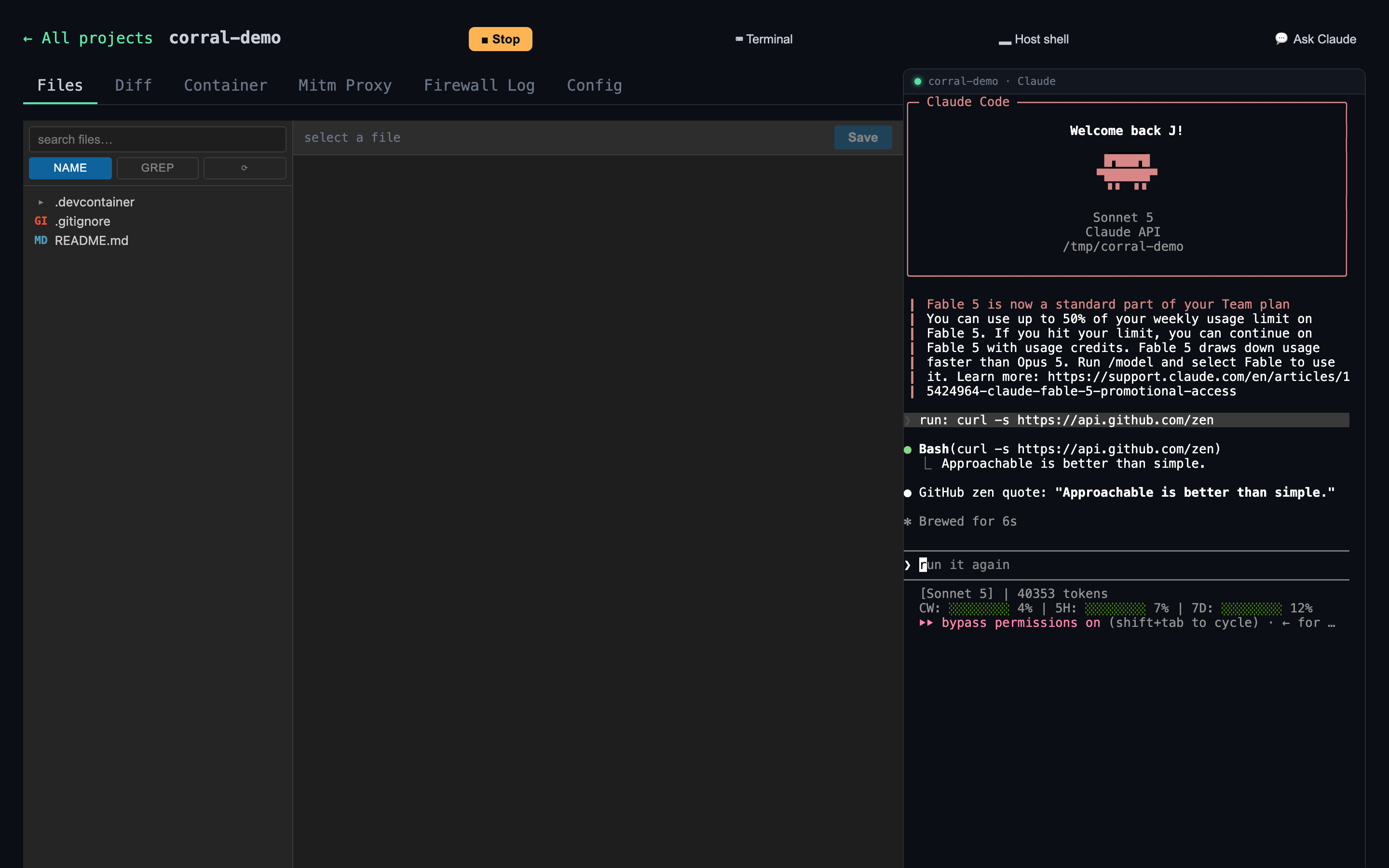 The Corral dashboard: a file browser, tabs for diff, container, mitm proxy and firewall log, and a live Claude session running on the right.