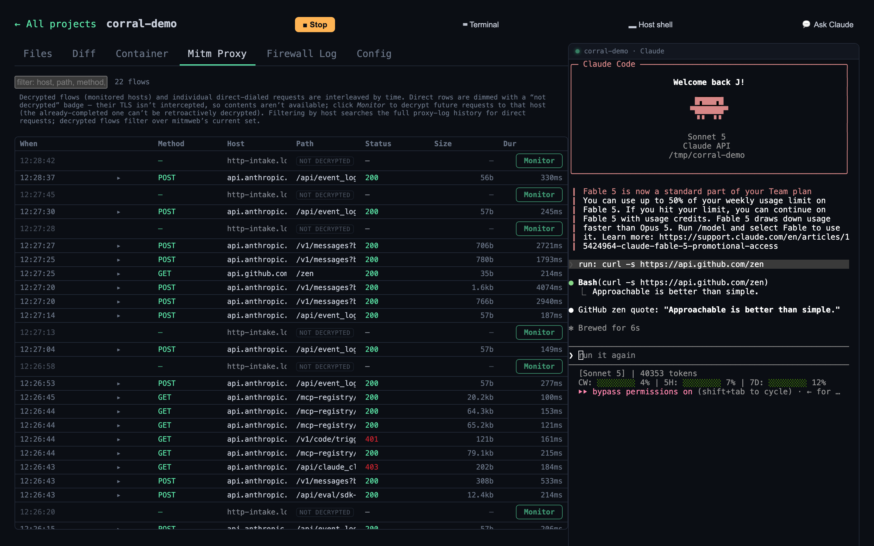 The Mitm Proxy tab showing a live list of every request leaving the sandbox: hosts like api.anthropic.com, api.github.com, and rubygems.org, each with method, status and size.