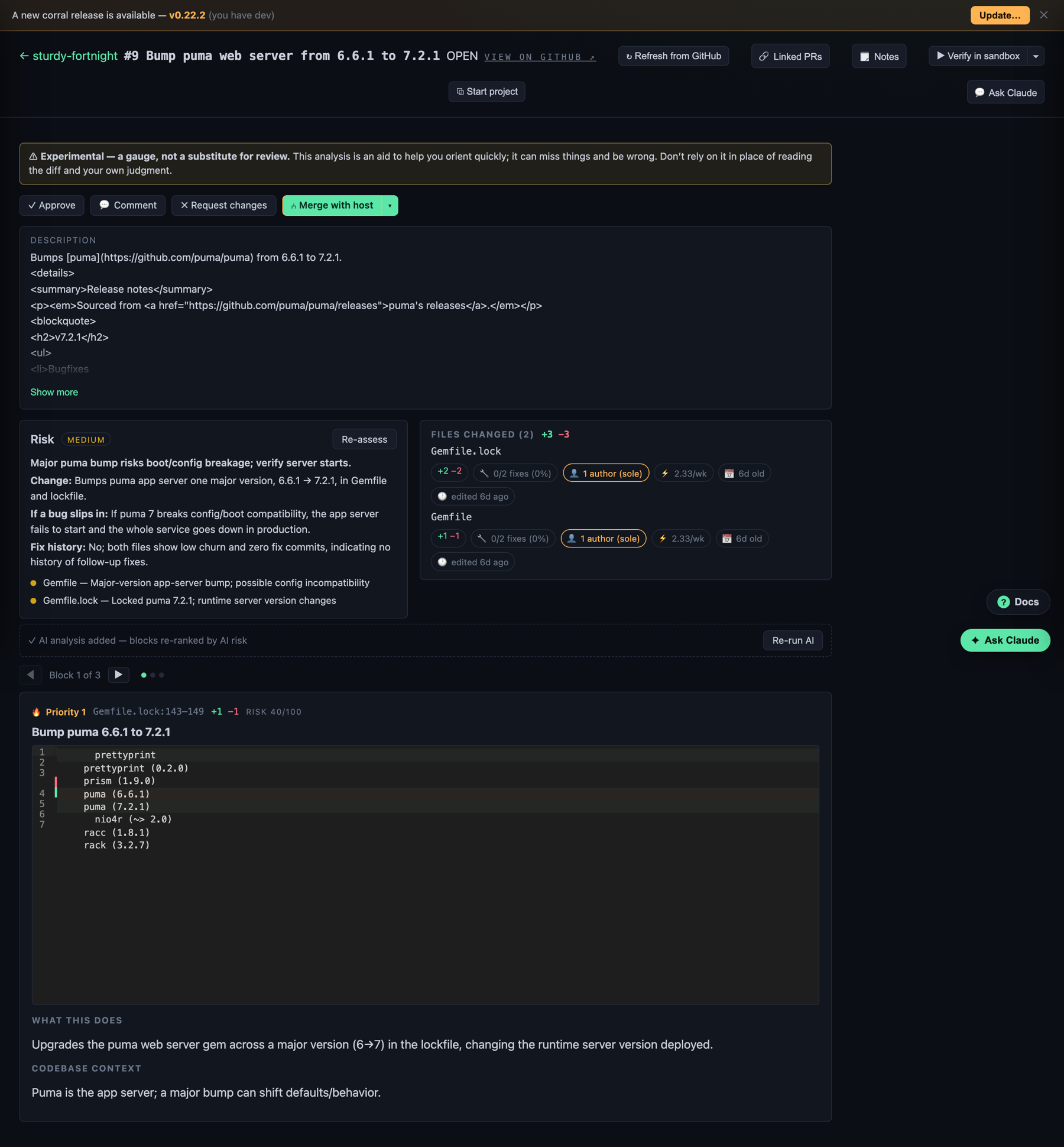 The Corral PR review view: a risk heatmap, the files changed with a parsed diff, an experimental review banner, and a plain-language summary of what the change does.