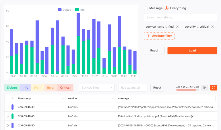 Scout APM log view showing structured log entries with timestamp, entrypoint, and message