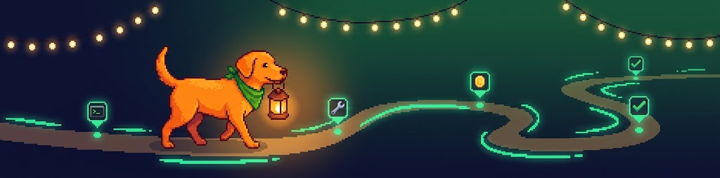 Scout Trails: a pixel-art dog carrying a lantern along a lit trail of agent sessions and tool calls